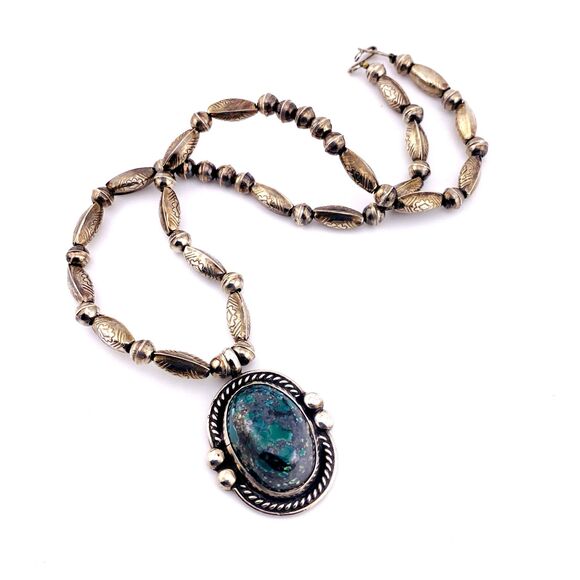 Hand Crafted Sterling Silver Pendant Necklace Large Turquoise Cab 17 In Tribal - Picture 1 of 12